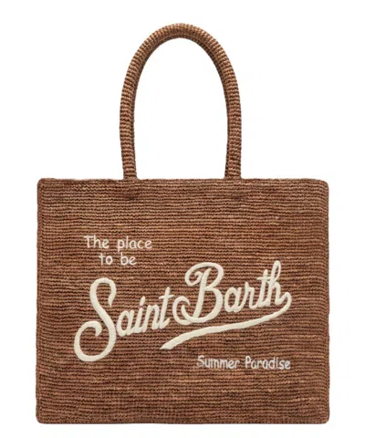 Mc2 Saint Barth Textured Brown Woven Tote Bag With Embroidered Statement