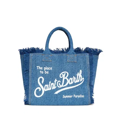 Mc2 Saint Barth Textured Denim Tote Bag With Fringed Trim In Blue
