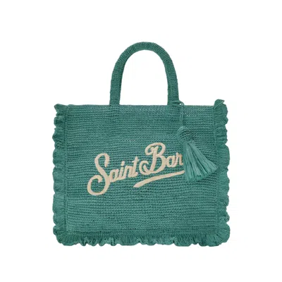Mc2 Saint Barth Textured Raffia Bag With Contrasting Logo In Green