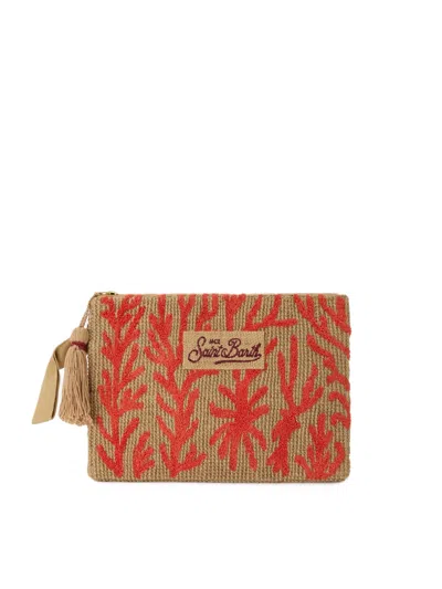 Mc2 Saint Barth Textured Rectangular Clutch Bag With Coral Embroidery In Beige