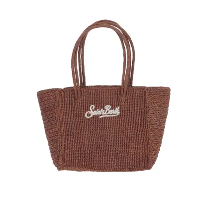 Mc2 Saint Barth Textured Woven Medium Tote Bag With Embroidered Logo In Brown