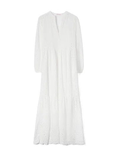 Mc2 Saint Barth Tiered Eyelet Embroidery Maxi Dress In White