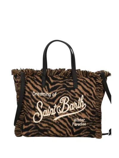 Mc2 Saint Barth Tiger-print Fringed Tote Bag In Brown