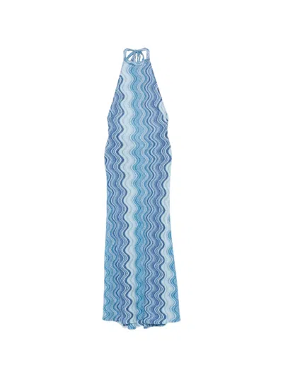 Mc2 Saint Barth Wavy Abstract Pattern Maxi Dress With Halter Neckline In Blue