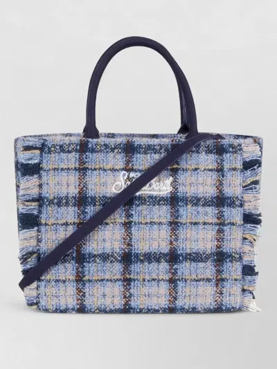 Mc2 Saint Barth Tote Bag Checkered Pattern Fringe Shoulder Strap In Blue