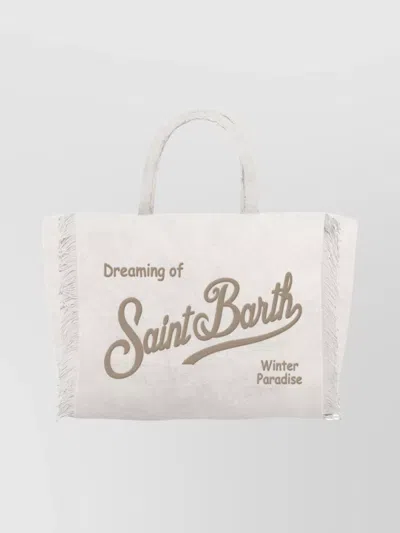 Mc2 Saint Barth Tote Bag With Fringe And Printed Design In White