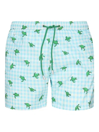 Mc2 Saint Barth Turtle-print Gingham Swim Shorts In Blue