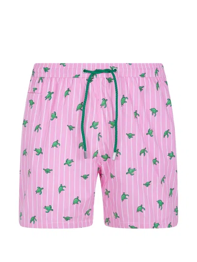 Mc2 Saint Barth Turtle-print Striped Swim Shorts In Pink