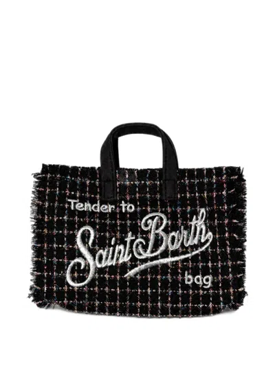 Mc2 Saint Barth Tweed-check Frayed-edge Tote Bag In Black
