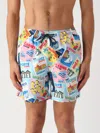 Mc2 Saint Barth Man Lightweight Fabric Swim-shorts Lighting With Postcard Print In Multicolor