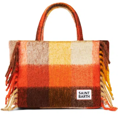 Mc2 Saint Barth Vanity Blanket Shoulder Bag With Multicolor Check And Fringes In Brown