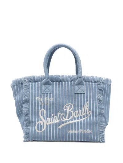 Mc2 Saint Barth Vanity Embossed Striped Fringe Tote Bag In Blue