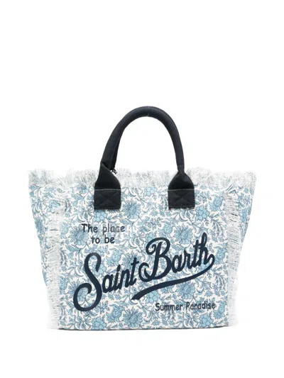 Mc2 Saint Barth Vanity Floral-print Frayed Cotton Tote Bag In Blue