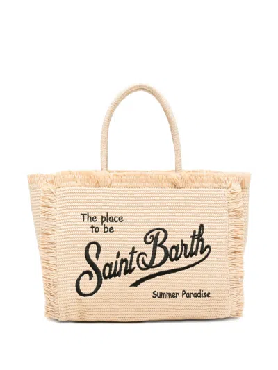 Mc2 Saint Barth Vanity Fringed Embroidered Beach Bag In Neutral