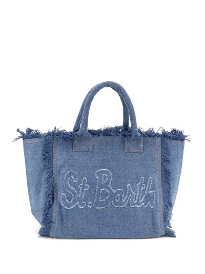 Mc2 Saint Barth Vanity Fringed Logo Denim Tote Bag In Blue