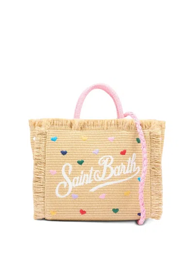Mc2 Saint Barth Kids' Vanity Heart Embroidered Fringed Tote Bag In Nude