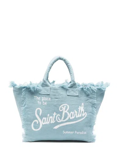 Mc2 Saint Barth Vanity Linen Fringed Tote Bag In Blue