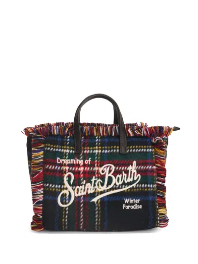 Mc2 Saint Barth Vanity Mini Tartan Fringed Tote Bag In Blue