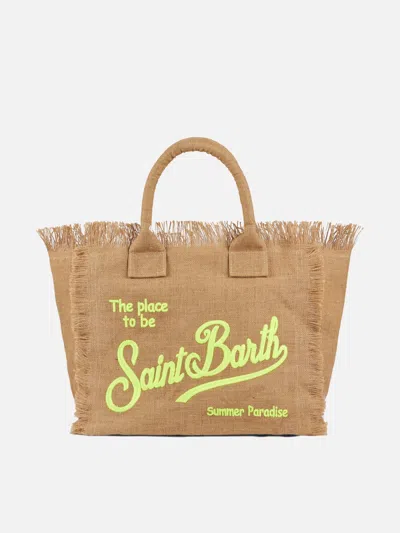 Mc2 Saint Barth Vanity Natural Jute Shoulder Bag With Embroidered Logo In White