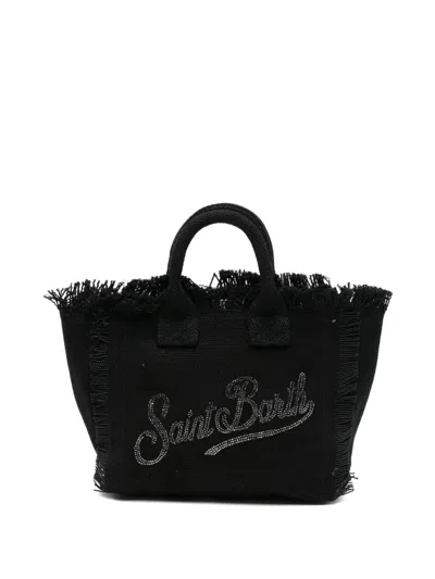 Mc2 Saint Barth Kids' Vanity Rhinestone-embellished Frayed Tote Bag In Black
