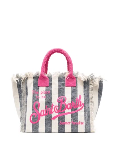 Mc2 Saint Barth Vanity Striped Frayed-edge Beach Bag In Blue