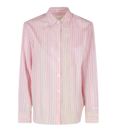 Mc2 Saint Barth Vertical Striped Button-up Shirt With Embroidered Detail In Pink