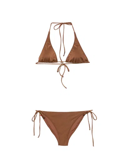 Mc2 Saint Barth Viana Logo-charm Halterneck Bikini In Brown