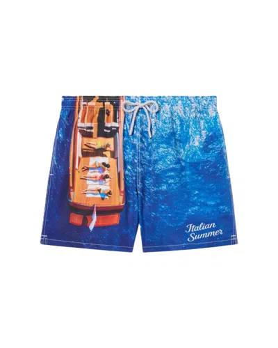 Mc2 Saint Barth Vibrant Boat Print Swim Shorts With Drawstring Waistband In Blue