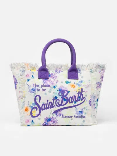 Mc2 Saint Barth Water Color Flower Cotton Canvas Vanity Tote Bag In White