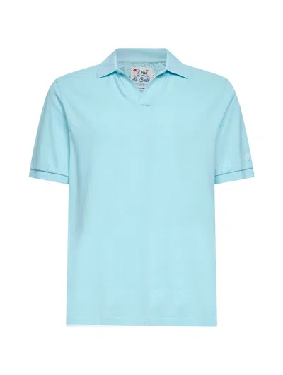 Mc2 Saint Barth Water Green Stretch Cotton Piquet Charles Buttonless Polo Shirt In Blue