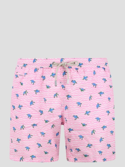 Mc2 Saint Barth Man Comfort Light Swim Shorts With Sea Turtles Print In Pink