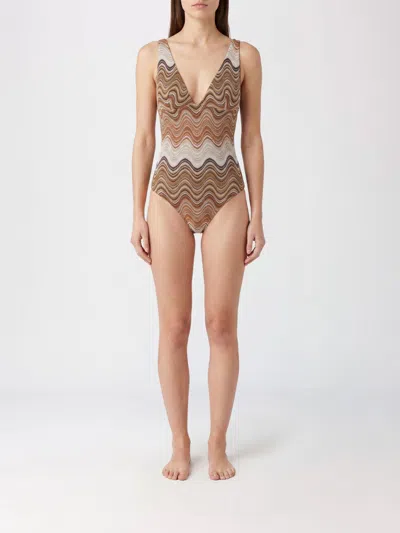 Mc2 Saint Barth Wave Print Lurex One-piece Swimsuit With V-neck In Brown