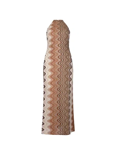 Mc2 Saint Barth Wavy Pattern Sleeveless Maxi Dress With High Neckline In Neutral