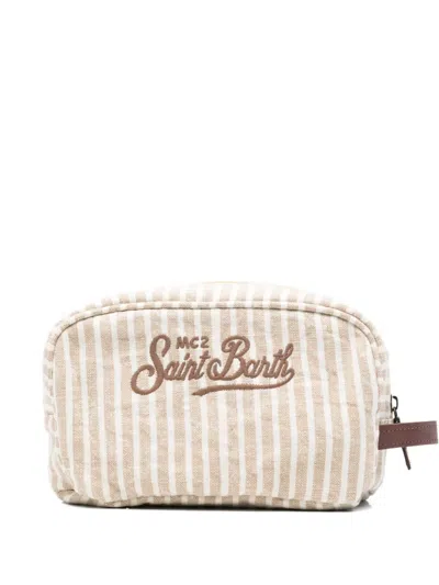 Mc2 Saint Barth Westwood Striped Embroidered Wash Bag In White