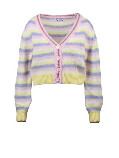 Mc2 Saint Barth White Acrylic-blend Striped Cardigan In Purple