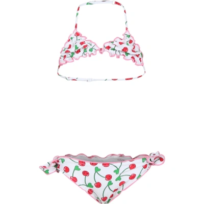 Mc2 Saint Barth Kids' White Bikini For Girl With Cherries And Logo