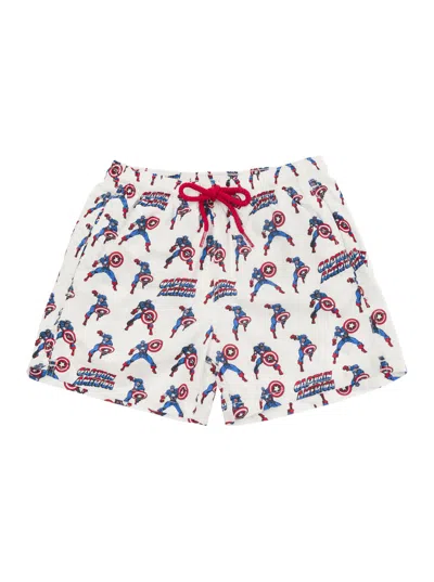 Mc2 Saint Barth White Swim Trunks With Captain America Print In Stretch Baby In Multicolor