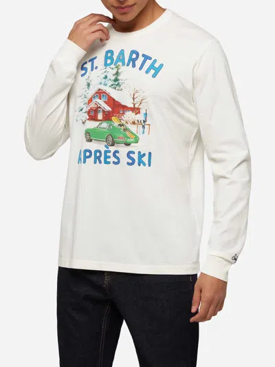 Mc2 Saint Barth Winter Cotton T-shirt Luton With Car And Chalet Print In White