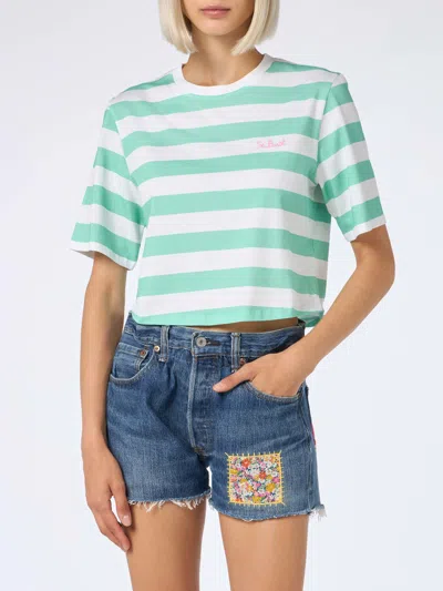 Mc2 Saint Barth Woman Acquamarine And White Striped Crop T-shirt In Rigato