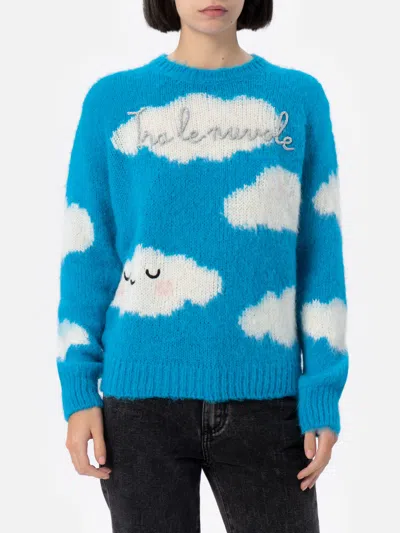 Mc2 Saint Barth Woman Alpaca Blend Sweater Queen With Tra Le Nuvole Embroidery In Blue