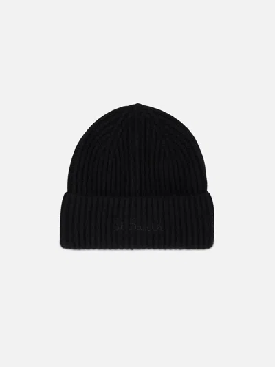 MC2 SAINT BARTH WOMAN BLACK BEANIE WITH ST. BARTH EMBROIDERY