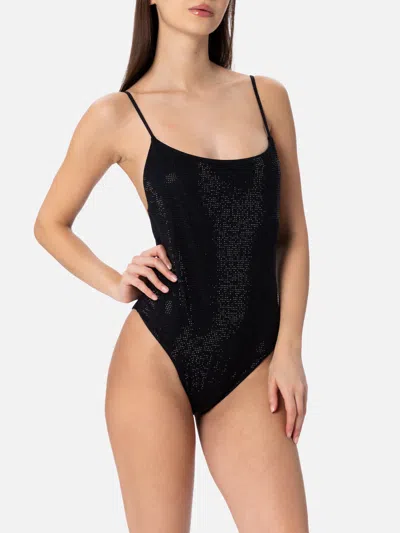 Mc2 Saint Barth Woman Black One-piece Swimsuit Cecille With Rhinestones