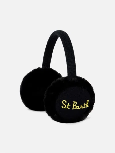 Mc2 Saint Barth Woman Black Tricot Earmuffs With Furry Details