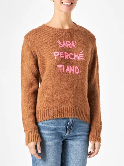 Mc2 Saint Barth Woman Brown Brushed Sweater With Embroidery