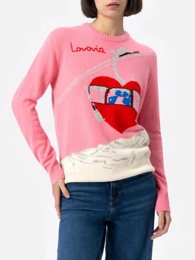 Mc2 Saint Barth Woman Cashmere Blend Sweater New Queen With Postcard Jacquard In Pink