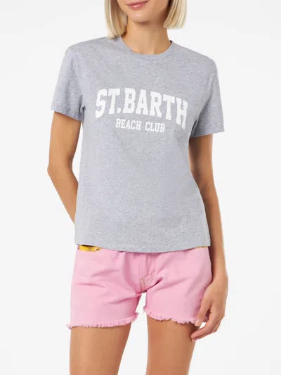 Mc2 Saint Barth Woman Cotton Jersey Crewneck T-shirt Emilie With Saint Barth Beach Club Print In Grey