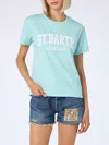 Mc2 Saint Barth Woman Cotton Jersey Crewneck T-shirt Emilie With St. Barth Beach Club Print In Green