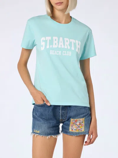 Mc2 Saint Barth Woman Cotton Jersey Crewneck T-shirt Emilie With St. Barth Beach Club Print In Green