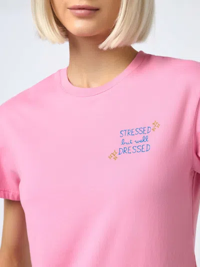Mc2 Saint Barth Woman Cotton Jersey Crewneck T-shirt Emilie With Stressed But Well Dressed Embroidery In Pink