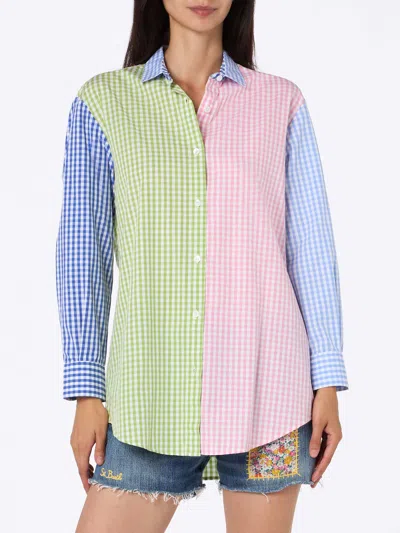 Mc2 Saint Barth Woman Cotton Shirt Brigitte With Multicolor Vichy Print And Saint Barth Embroidery In Pink